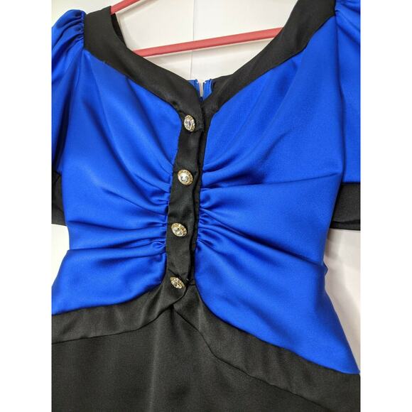 Vintage 80s Midnight Glo Dress Sz 6 Blue Black Hi-Puff Sleeve Party Cinch Waist - Picture 2 of 7